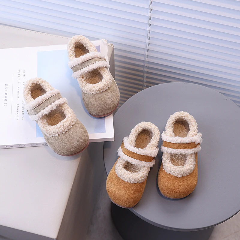 Kids Flat Shoes with Fur Soft Sole Girls Princess Shoes Cute Round Toe 2024 Winter New Children Warm Shoes Non-slip Temperament