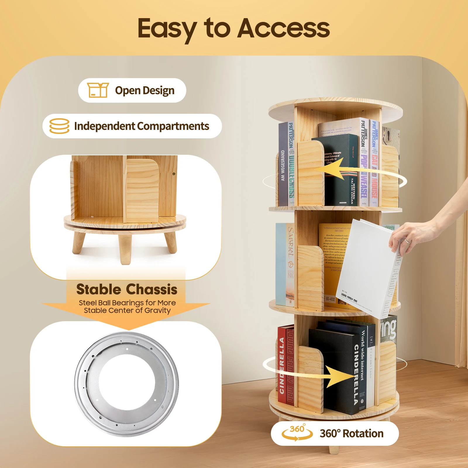 3-stufiges Bücherregal aus Holz, drehbarer Bodenständer, multifunktionaler Vitrine-Organizer 360 ° Rotierendes Aufbewahrungsregal