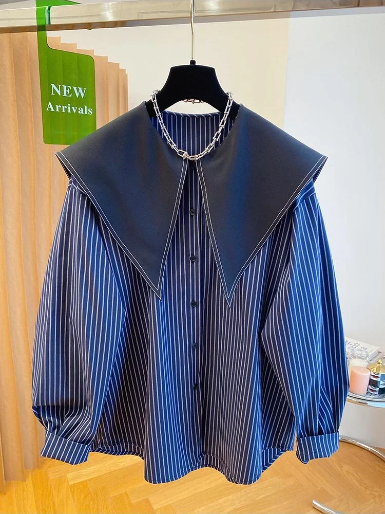 SuperAen Korean Style Sailor Collar Long-sleeved Shirt Women's Spring 2026 New Loose Striped Oversize Casual Tops