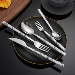 Stainless Steel Upscale Tableware Marble Handle Silver Dessert Dinner Spoon Western Steak Knife Fork Kitchen Cutlery Utensils