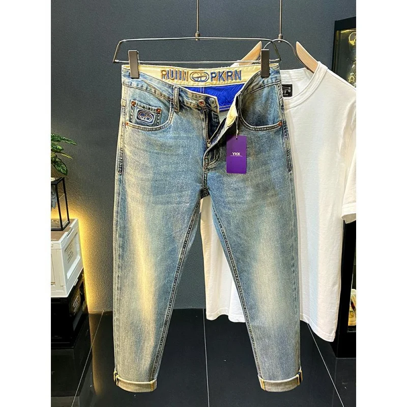 New Men'S Jeans Trendy Brand Summer Thin Fashion Versatile Slim Fit Straight Leg Personalized Micro Chapter Casual Elastic Denim