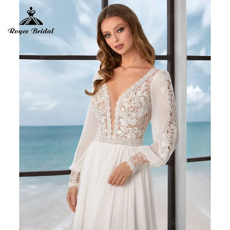 trouwjurk Boho Backless Long Puff Sleeve Lace Appliqued Chiffon Wedding Dress With V Neck Bridal Gown Beach Robe de mariee 2025