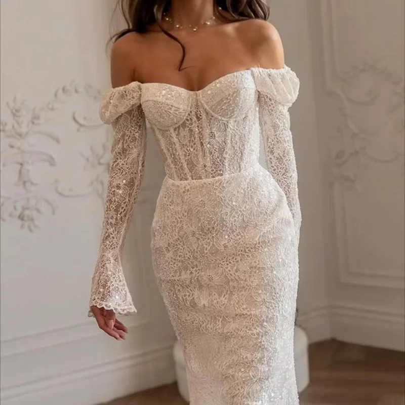 Abiti da sposa con applicazioni avorio lucido con spalle scoperte glitter a coda di pesce Coda lunga Abiti da sposa a maniche lunghe realizzati su misura
