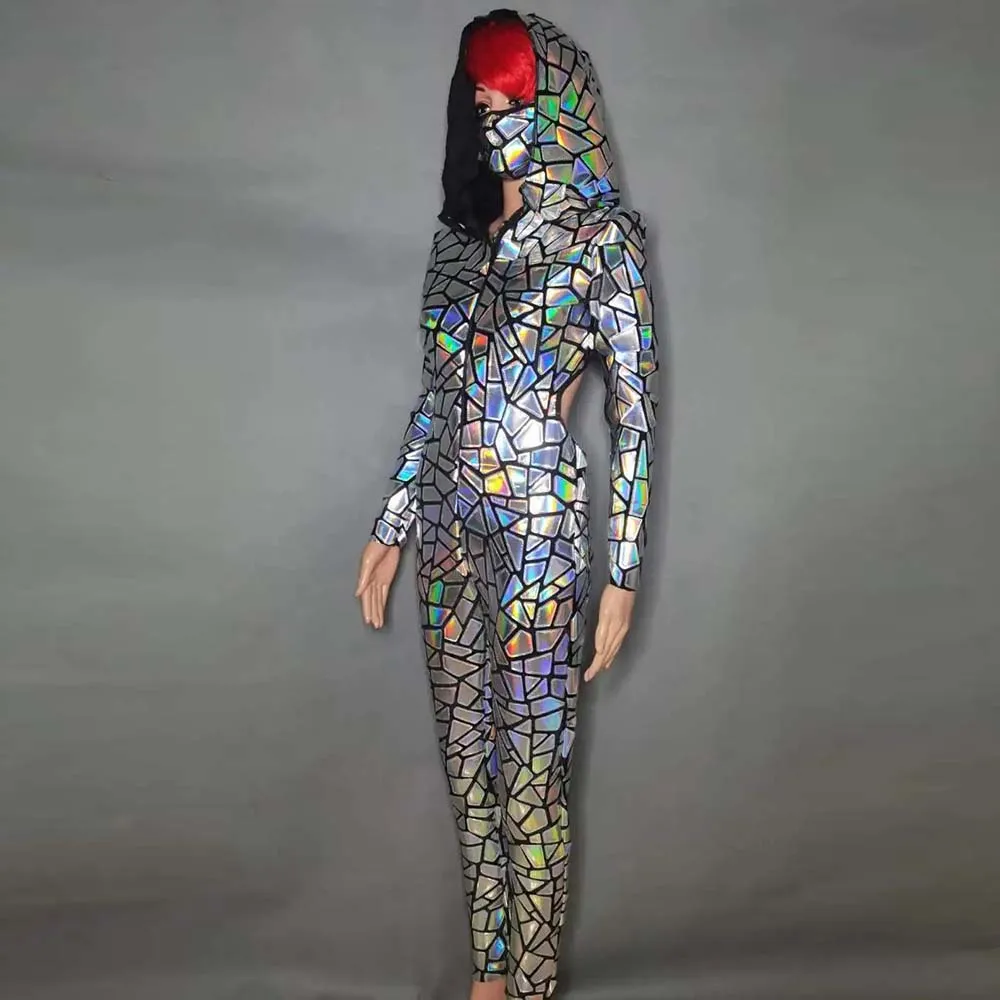 

Женский сексуальный комбинезон с открытой спиной и серебряными лазерными зеркалами, комбинезон с капюшоном в стиле хип-хоп, танцевальный комбинезон, костюм для бара, певицы, рейва, наряд