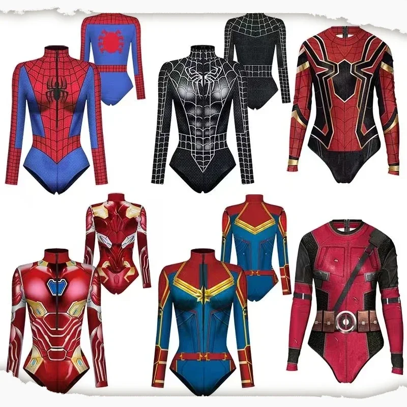 Cosplay Superhero body per donna uomo Spiderman Iron Man 3D Print Costume da bagno a maniche lunghe Costume da carnevale per adulti nuovo