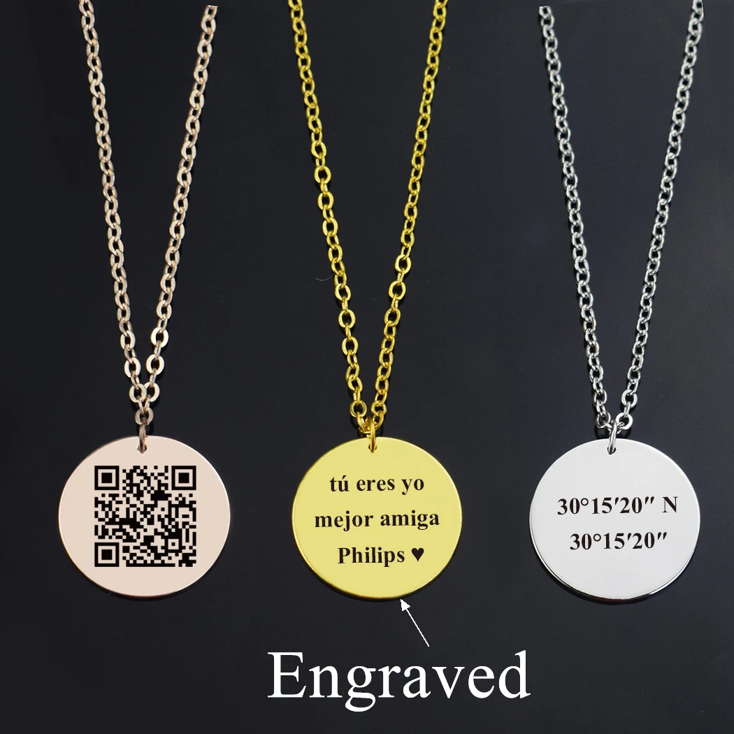 Custom Necklace Engraved Letters Stainless Steel Pendant Personalized Quote Text Qr Code Necklace Anniversary Gift