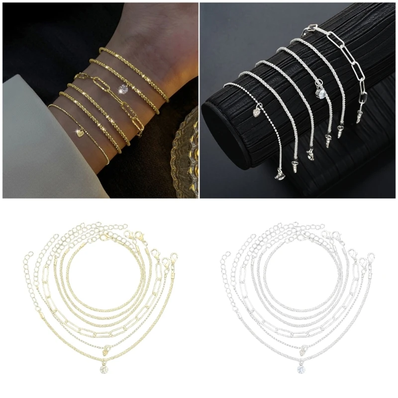 

6Pcs Delicate Elegant Bracelets Set Trendy Wrist Chain Stackable Hand Chain for Women with Zirconia for Various Occasion