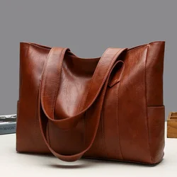 2024 New Casual PU Leather Large Capacity Tote Bags for Women Fashion Solid Color Zipper Female Shoulder Bag Ladies Handbag