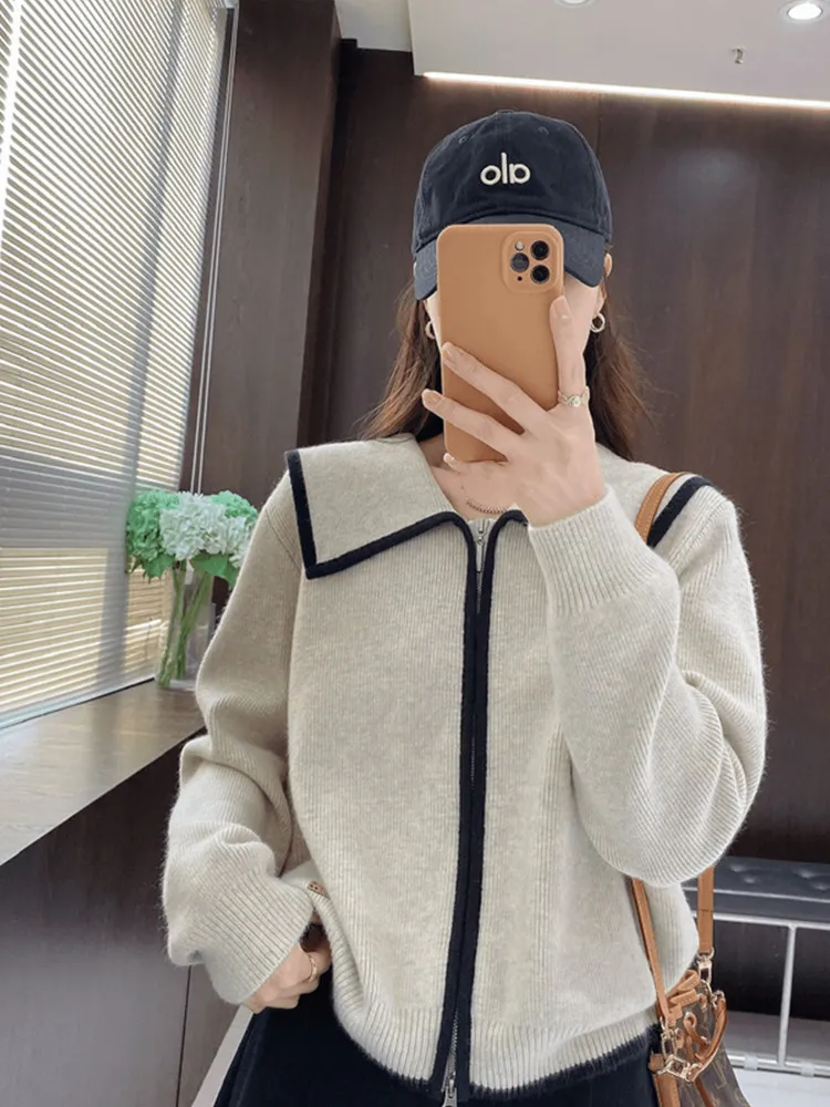 

Женский вязаный кардиган больших размеров с отложным воротником, свободного кроя, с эффектом стройности, повседневный, весна-осень, новинка