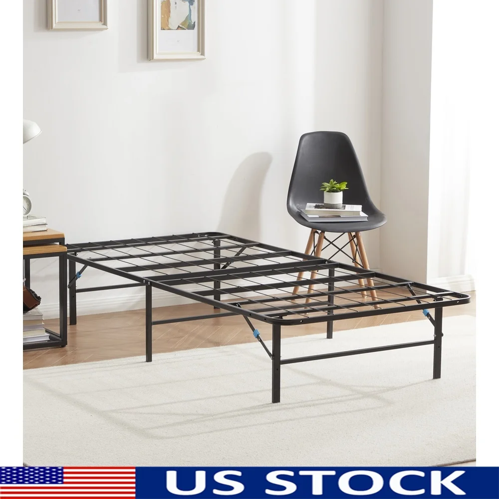 Foldable Twin XL Bed Frame Metal Platform with 14in Storage Tool Free Assembly No Box Spring Needed Small Spaces