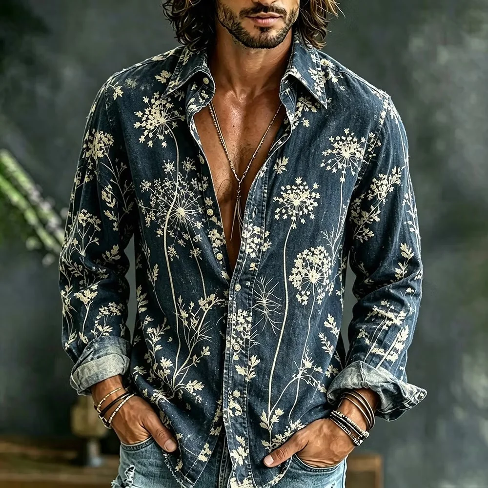 New men's long sleeved lapel shirt with cashew flower skull retro paisley 3D printed men's single shirt