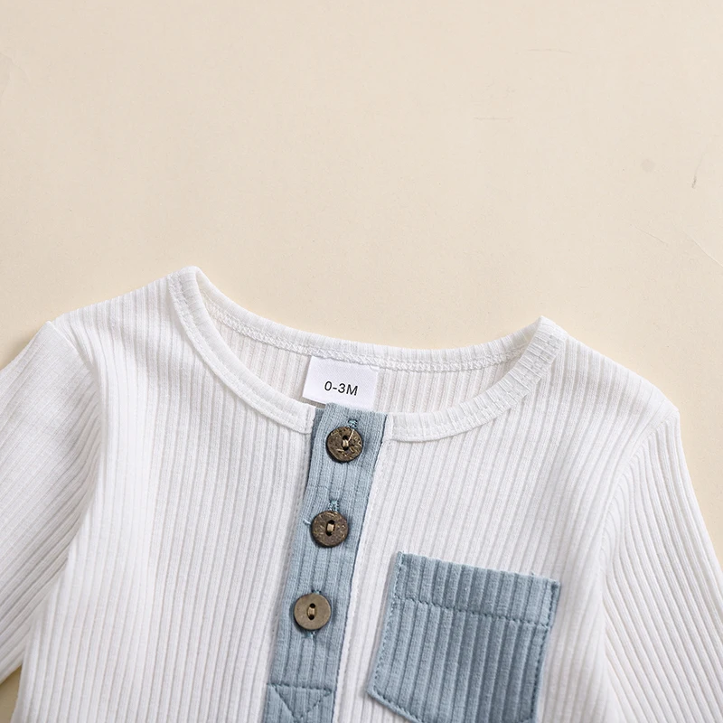 Baby Boys 2PCS Outfit Sets Long Sleeve Crew Neck Button Romper Solid Color Drawstring Pants Sets image 2