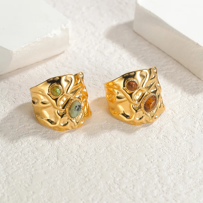 Letdiffery خواتم الأحجار الطبيعية الرجعية للنساء الفولاذ المقاوم للصدأ النمط الفرنسي قابل للتعديل المفتوحة مقاوم للماء خواتم مجوهرات الحفلات هدية #4