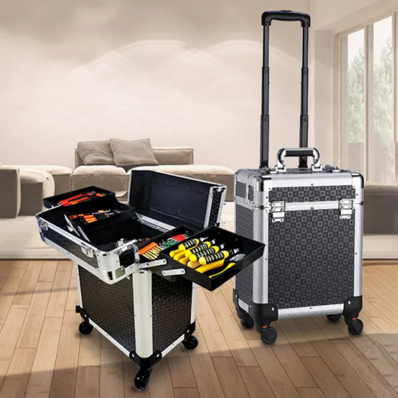 

Ящик для инструментов с тягой, многофункциональный ящик для хранения инструментов для технического обслуживания, многослойные коробки-органайзеры для мобильных инструментов с колесами
