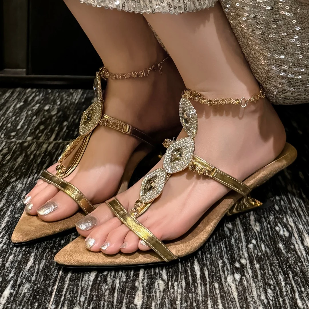 

Women's genuine leather narrow band t-strap chain crystal decoration summer pumps elegant ladies 5cm thin high heel evening shoe