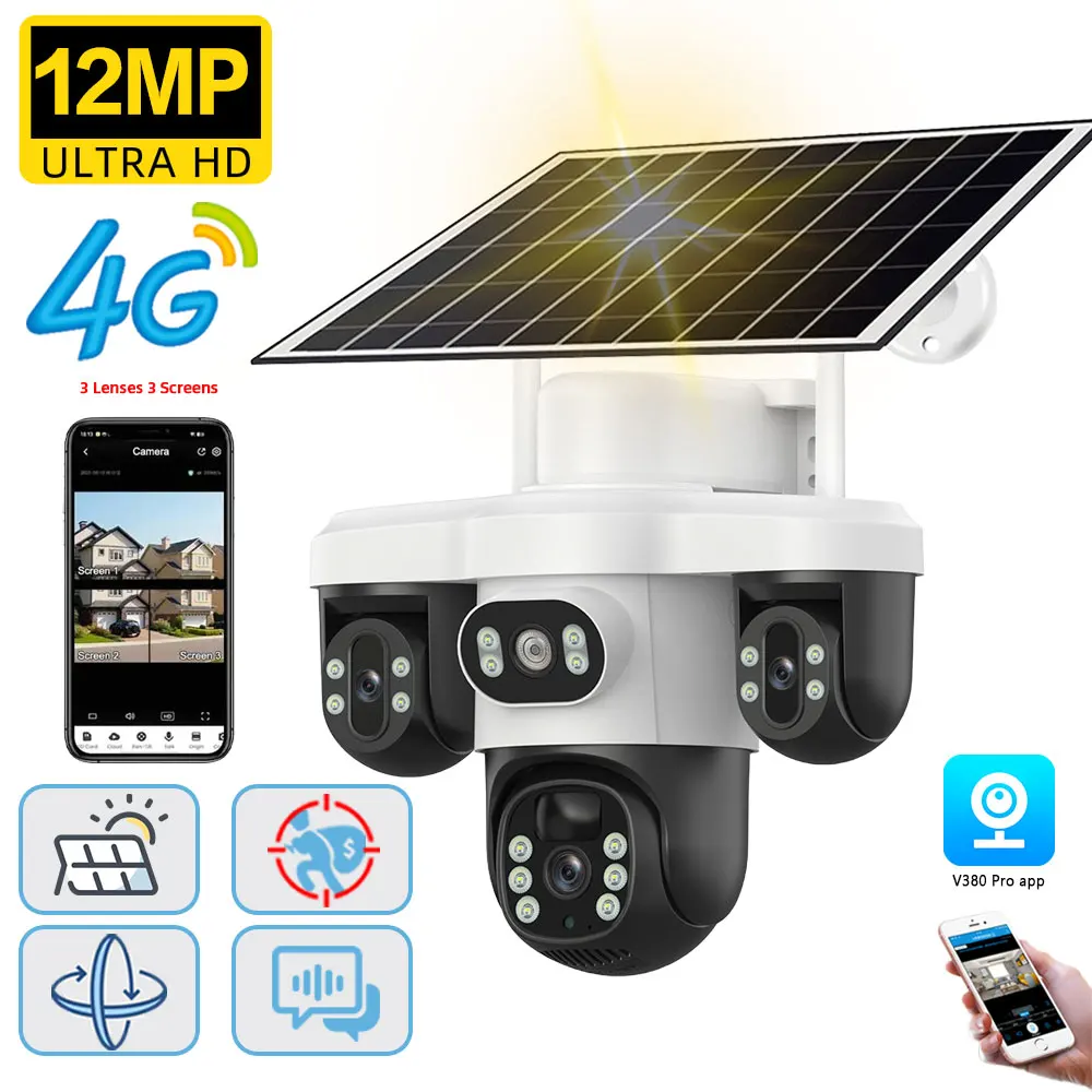 

12MP 4G Sim Card Three Lens PTZ Solar Security Camera Three Screens PIR Detection Outdoor Wireless CCTV Surveillance IP Camera