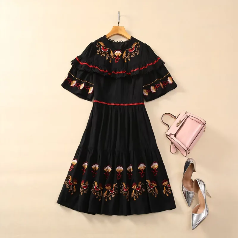 Vintage Embroidery Women Dress Fashion O-Neck Short Sleeve Mini Party Dresses 12056