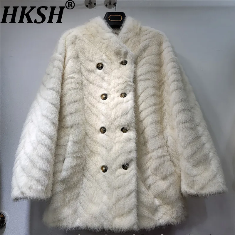 

HKSH Winter New Women Faux Fur Coat Double Breasted Long Sleeves Versatile Luxury Elegant High-end Thickened Warm Jacket HK17436