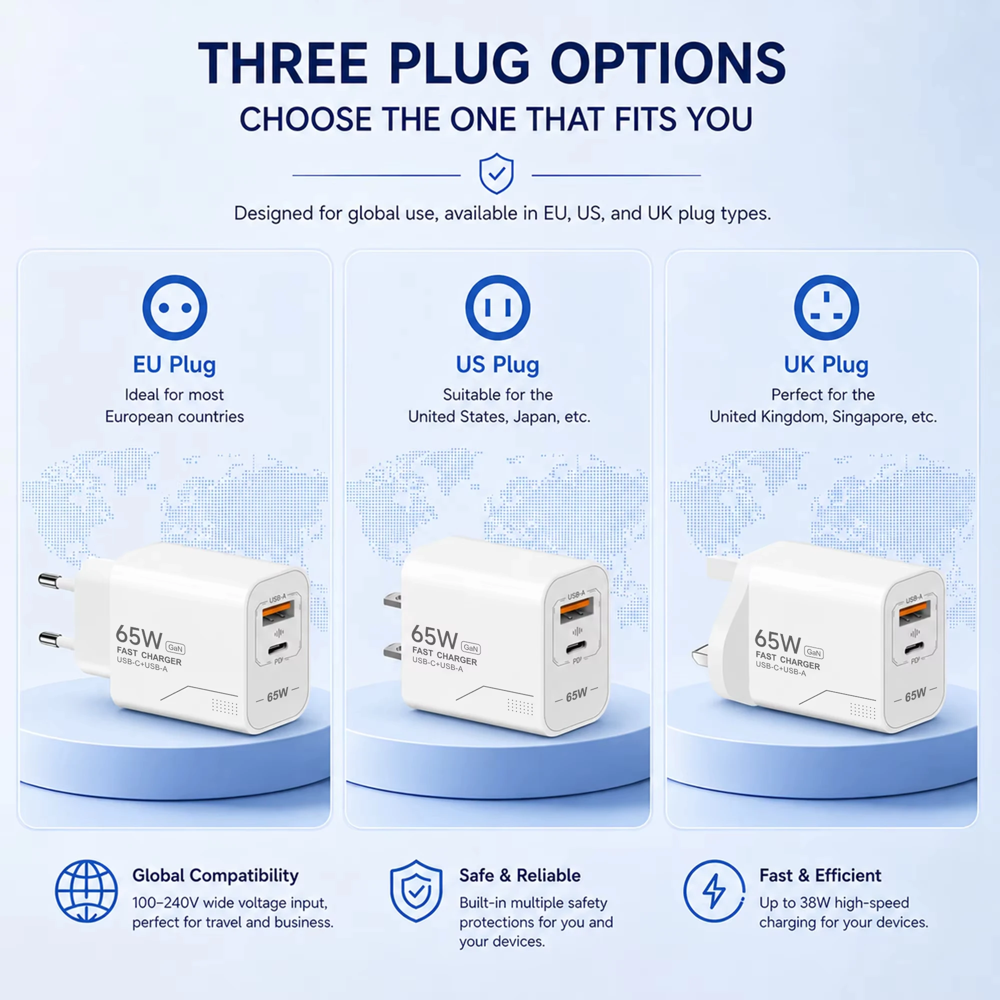 65W GaN USB C Charger 2-Port Fast Charging Phone Charger Power Adapter For iPhone Samsung Xiaomi Type C EU/US Plug Wall Charger