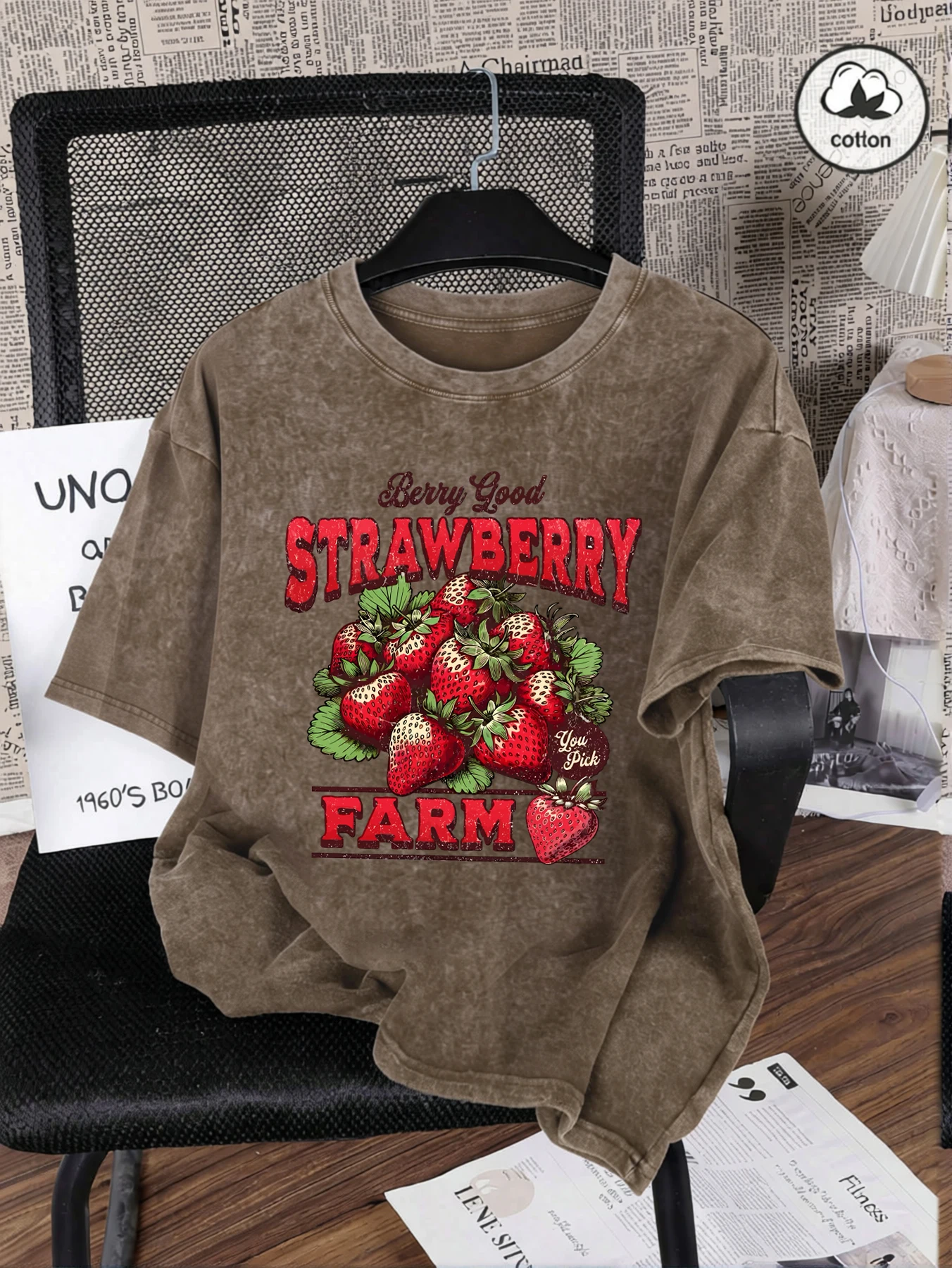Erdbeere Bauernhof Frische Druck Frauen Gewaschen T-Shirt Sommer Oansatz T Shirt Baumwolle Lose Kleidung Atmungsaktive Hip Hop Kurzen Ärmeln