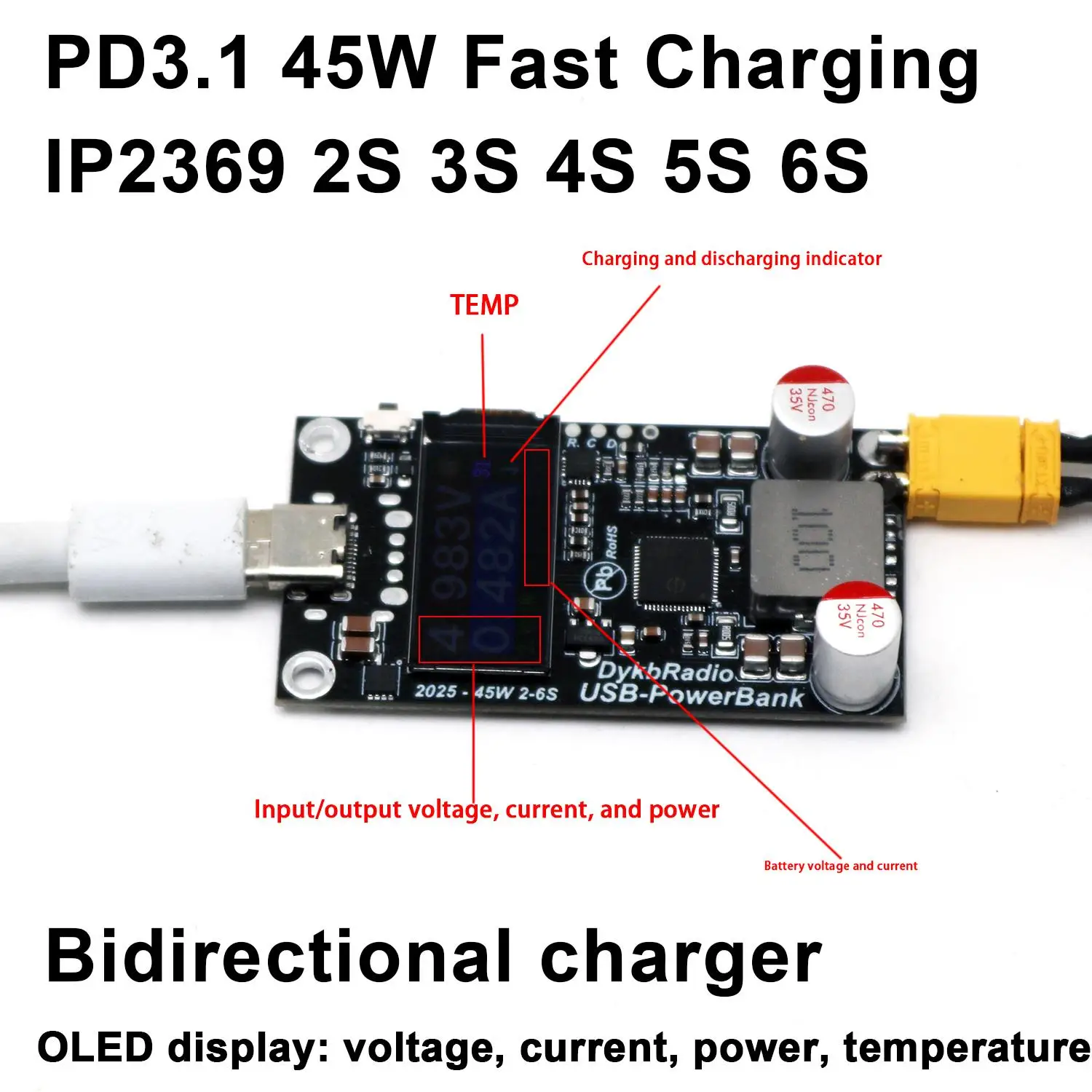 2S-6S 45W Fast Charger Power Bank W Display PD3.1 Type-c Bidirectional 3S 4S BMS Li-ion LiFePO4 RC Battery Charging /Discharger