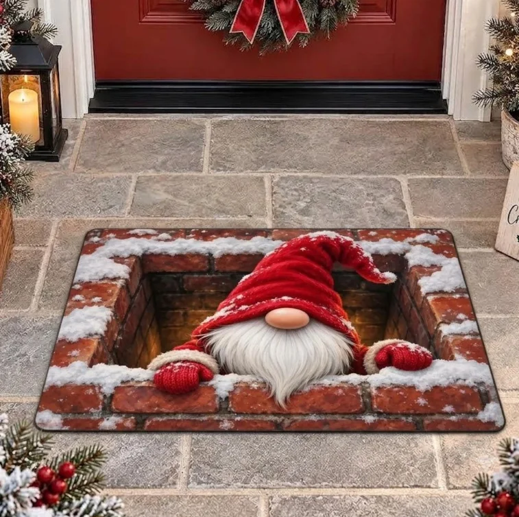 3D Christmas Gnome Chimney Doormat, Cute Winter Holiday Santa Gnome Brick Welcome Mat, Xmas Front Door Rug Illusion Decor Gift