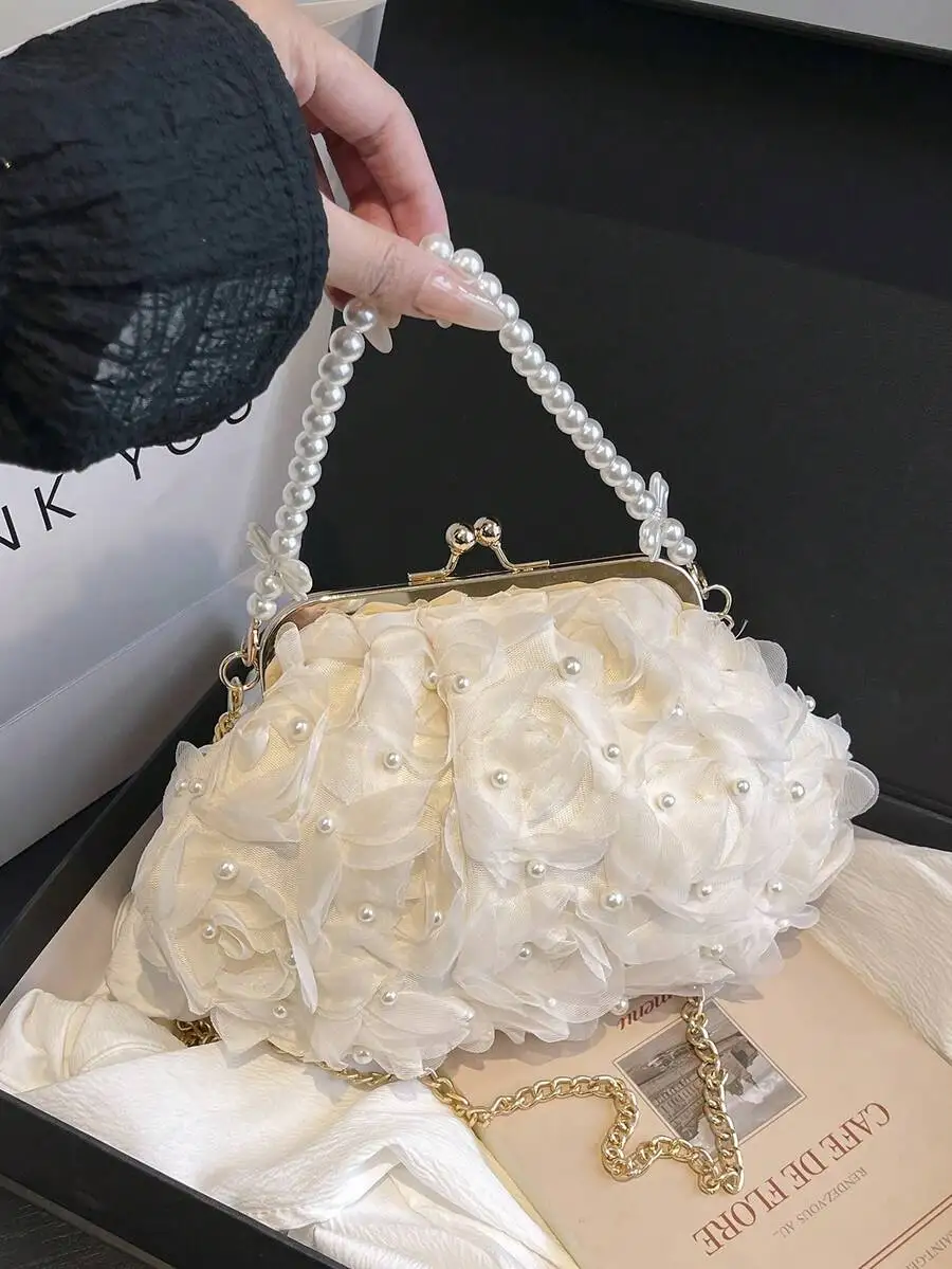 

Elegant White Organza Rose Clutch With Pearl-Adorned Handle And Chain Strap For Bridal Wedding Party Evening Use