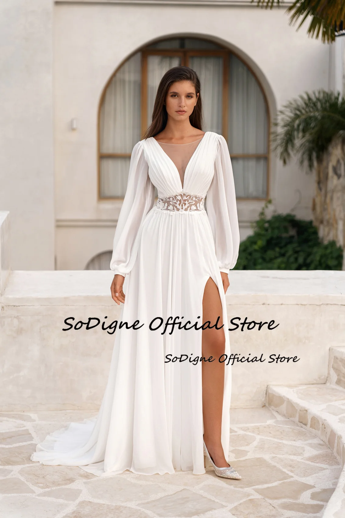  SoDigne A-line Chiffon Wedding Dresses Full Sleeves Appliques Bridal Dress Beach Long Bride Gown vestidos de novia Customized