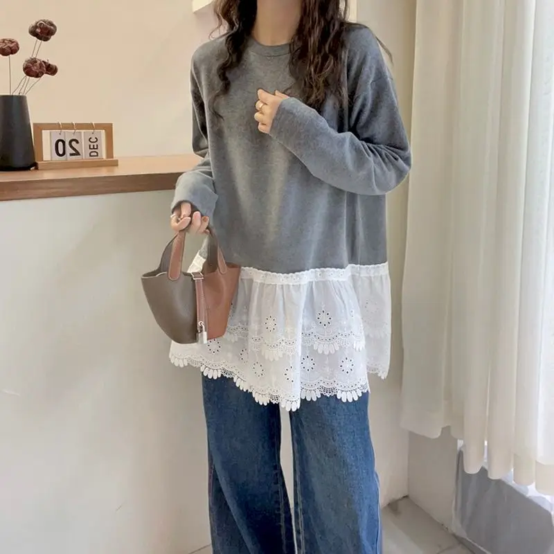 

Plush T-shirts for Women O-neck Fake Two Pieces Tees Casual Artistic Korean Style Long Sleeved Aesthetic Vintage Clothes Trend