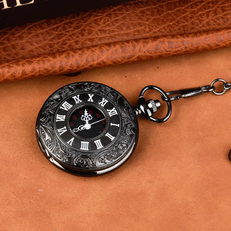 Vintage Black Carving Quartz Pocket Watch for Men Engraved Case Roman Numeral Fob Chain Pendant Clip Clock for Collection Gift