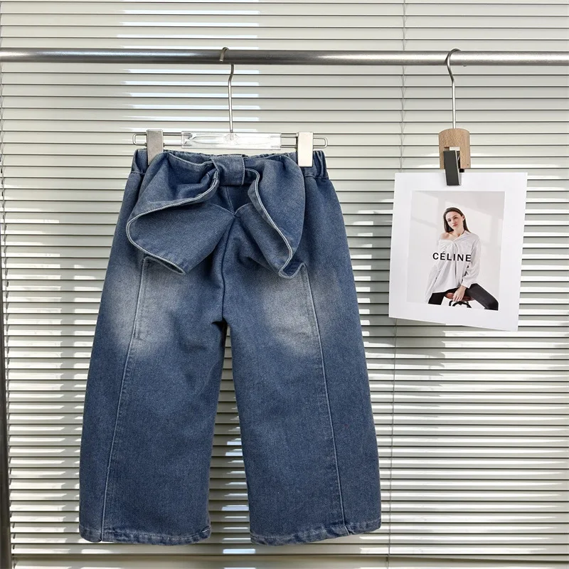 

girls fall jeans pants Korean children bow straight wide leg pants kids clothes vintage change color denim capris 3 to 16 years