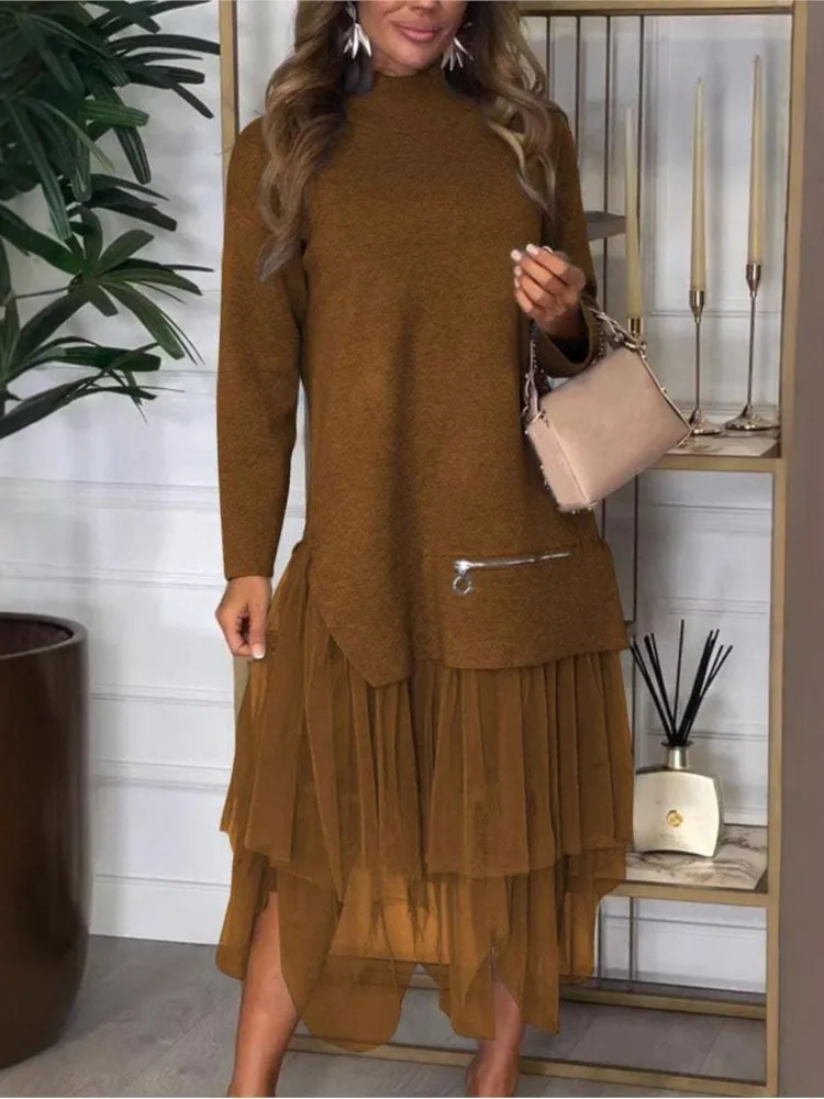 Elegant Long-sleeved Half Turtleneck Top + Skirt 2-piece Set For Women Mesh Skirt Solid Color Loose Asymmetric Skirt Suit Female