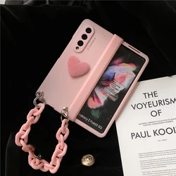 Thick Bracelet Love Heart Cover For Samsung Galaxy Z Fold 7 6 5 4 3 5G Hinge Protector Full Protection Pink Matte Skin Case