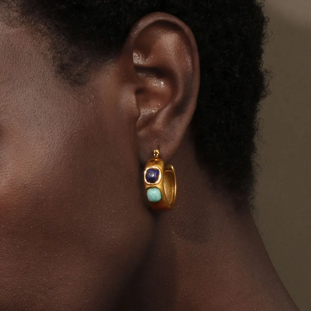 E.B.belle Round  Lazurite Turquoise Natural Stone Hoop Earrings Stainless Steel 18K Gold Plated Waterproof FashionEar Jewelry