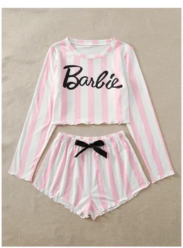 Avrupa ve amerikan ev giyim geniş çizgili pembe baneie pijama seti sınır ötesi rahat açık göbek rahat uzun kollu set