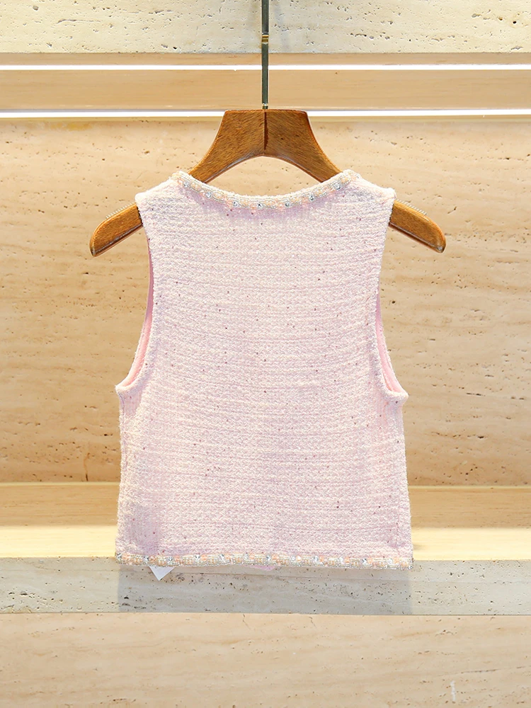 

High-End Summer Knitted Vest Top Pearl Embellied V-Ne Commute Sle Slim Fit Button Design ort Length No Sve