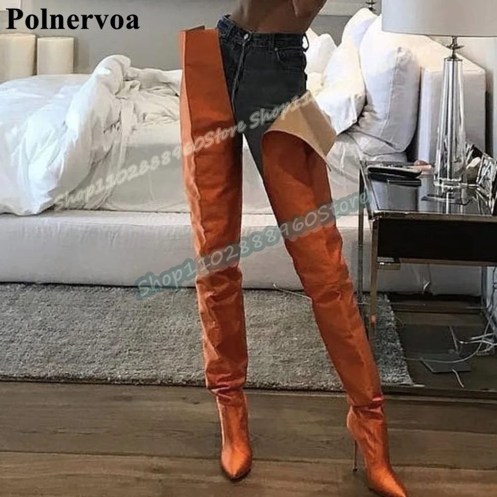 

Catwalk Orange Thigh High Plus Size Boots Thin High Heel Shoes For Women Slip On Pointed Toe Fashion Luxury Zapatos Para Mujer