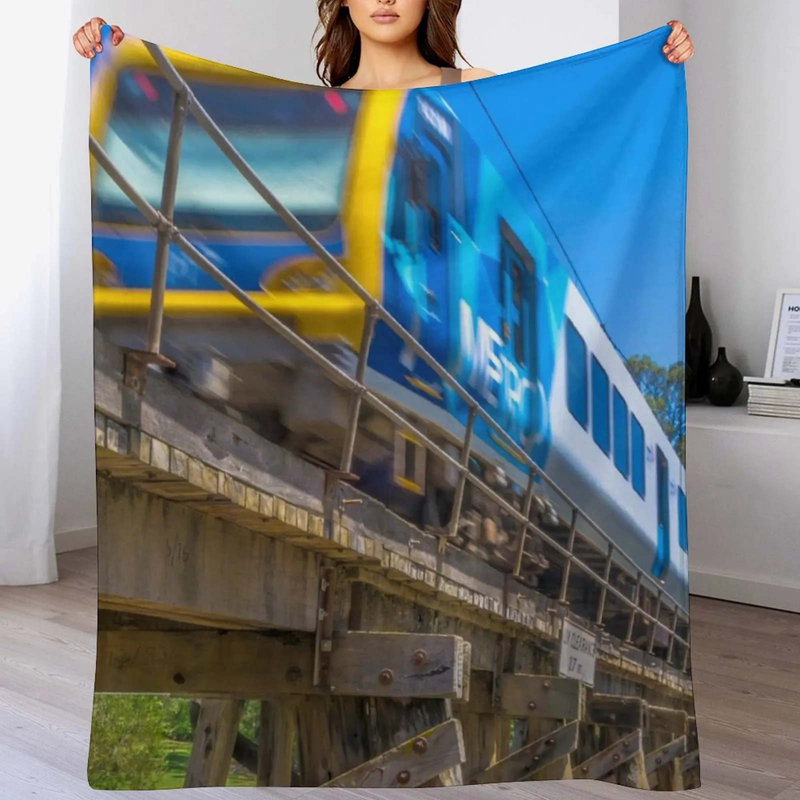 Melbourne Metro Train on Trestle Bridge - Eltham, Victoria Throw Blanket Summer Stuffeds Blankets