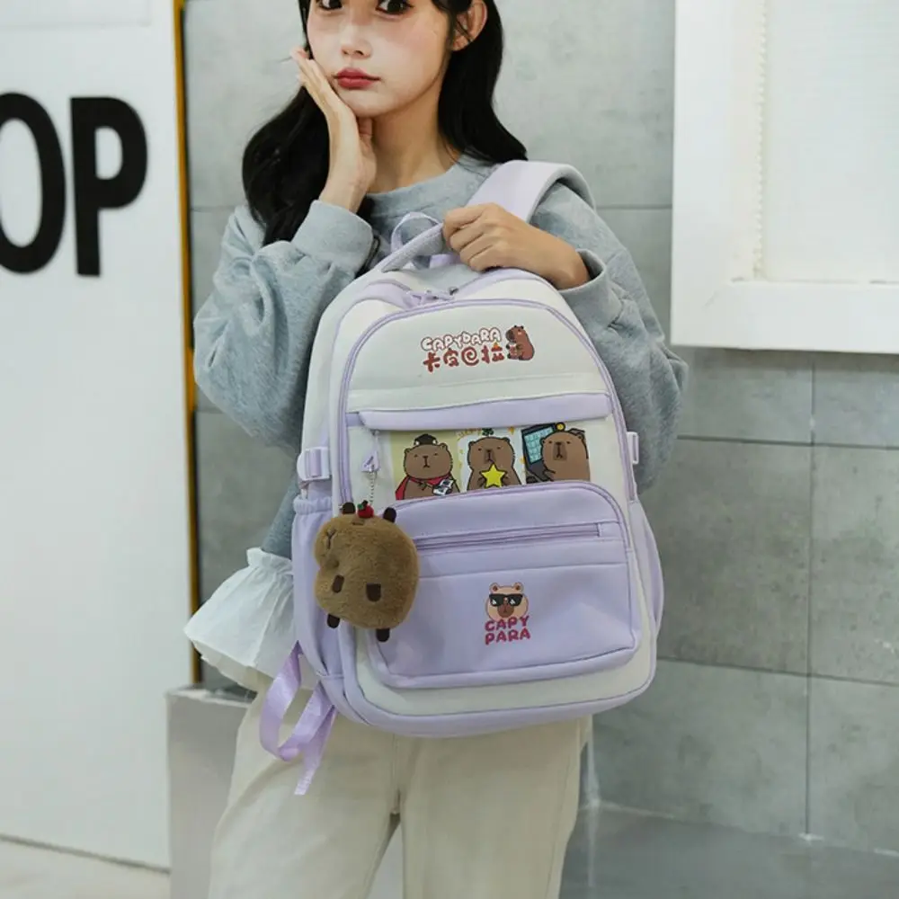 متعددة الوظائف الكرتون كابيبارا حقيبة الظهر عارضة نمط سعة كبيرة حقيبة مدرسية لطيف مع قلادة حقيبة كتف عادية السفر