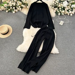 ITOOLIN Women Knitted Loose 2 Piece Long Sleeve Sets O-Neck Sweater and Wide Leg Pants Outfit Casual Office Set Autumn Winter