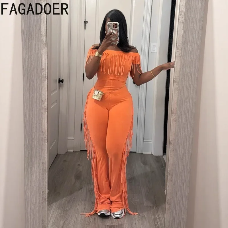 FAGADOER موضة شرابة المرقعة حللا امرأة برتقالية قصيرة الأكمام قبالة الكتف بسط السروال القصير الإناث كلوبوير وزرة جديد