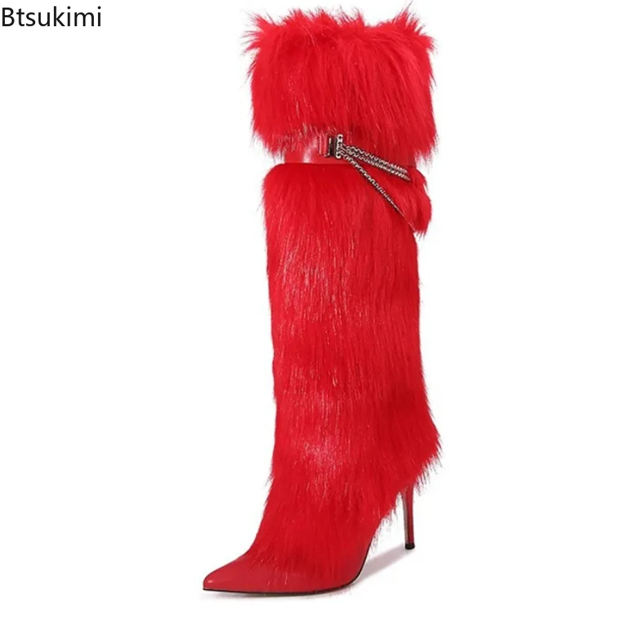 New 2025 Pink Plush Metal Chain Calf Boots for Women Chunky Heel Leather Pointed Toe Mid Calf Boots Women's Sexy Luxury Shoes