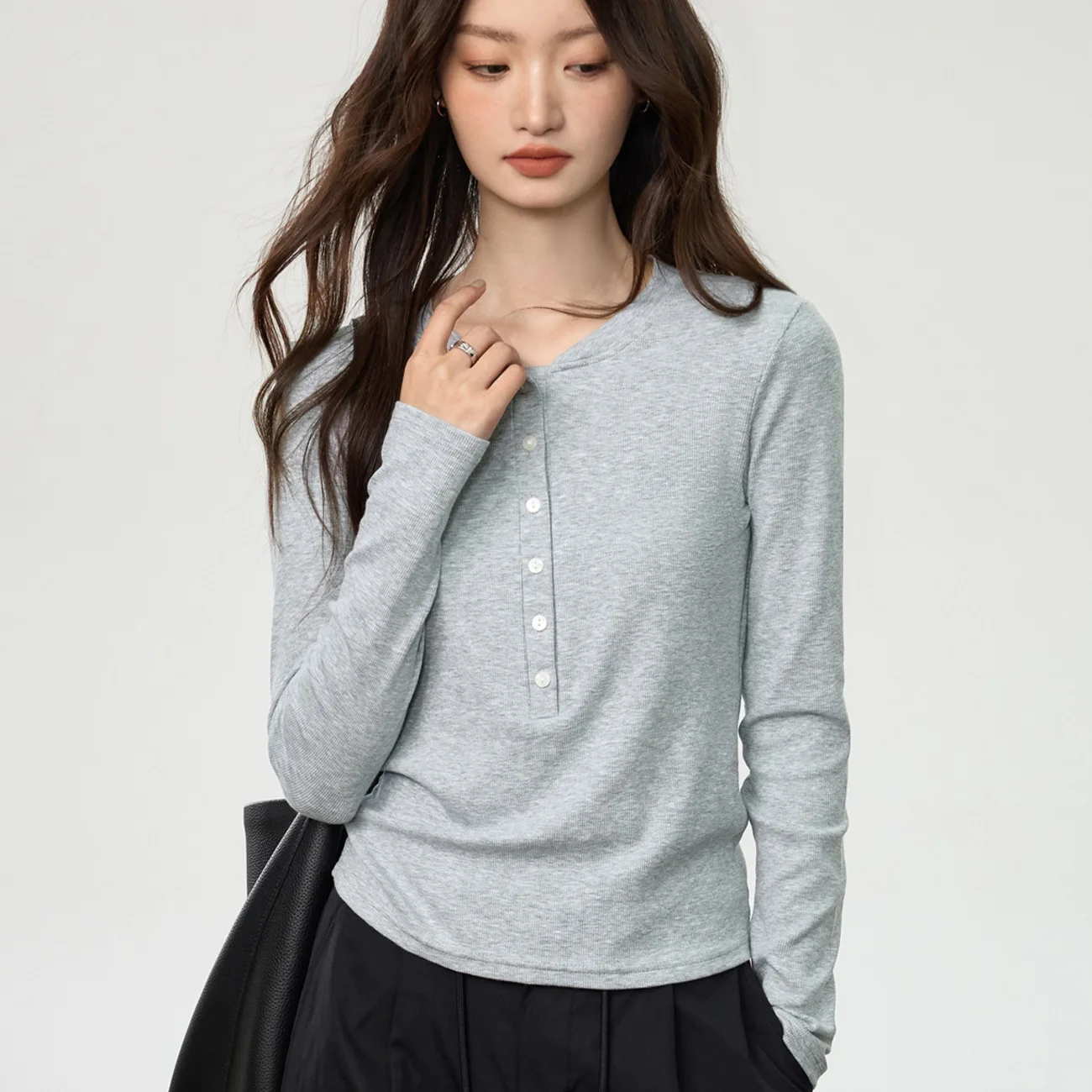 Women Casual Plain T Shirt Button Front Long Sleeve T Shirt Slim Fit Casual Basic Top Female Tee Autumn Winter Outfit
