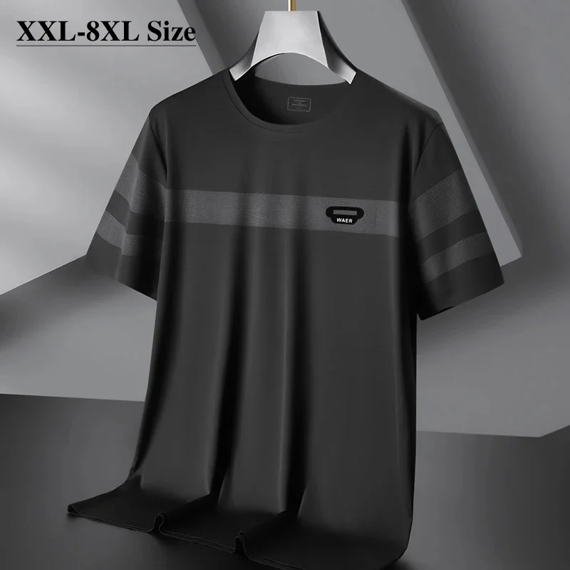 

Size Plus 6XL 7XL 8XL Ice Silk Short-sleeved T-shirt for Men Summer New Business Casual Crewneck Stretch Male