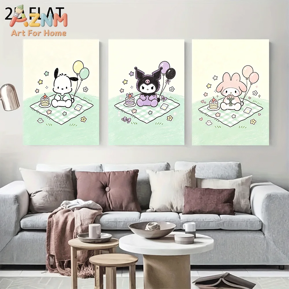 AZNM Sanrio Kuromi My Melody Pochacco Canvas Wall Art Unframed Cute Cartoon Print Poster Picnic Balloon Cake Star Kawaii Pastel