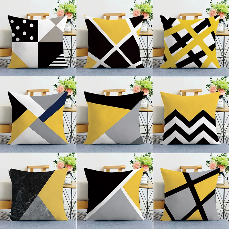 Yellow and Black Geometric Print Decorative Pillowcases Bedroom Living Room Square Cushion Pillowcases