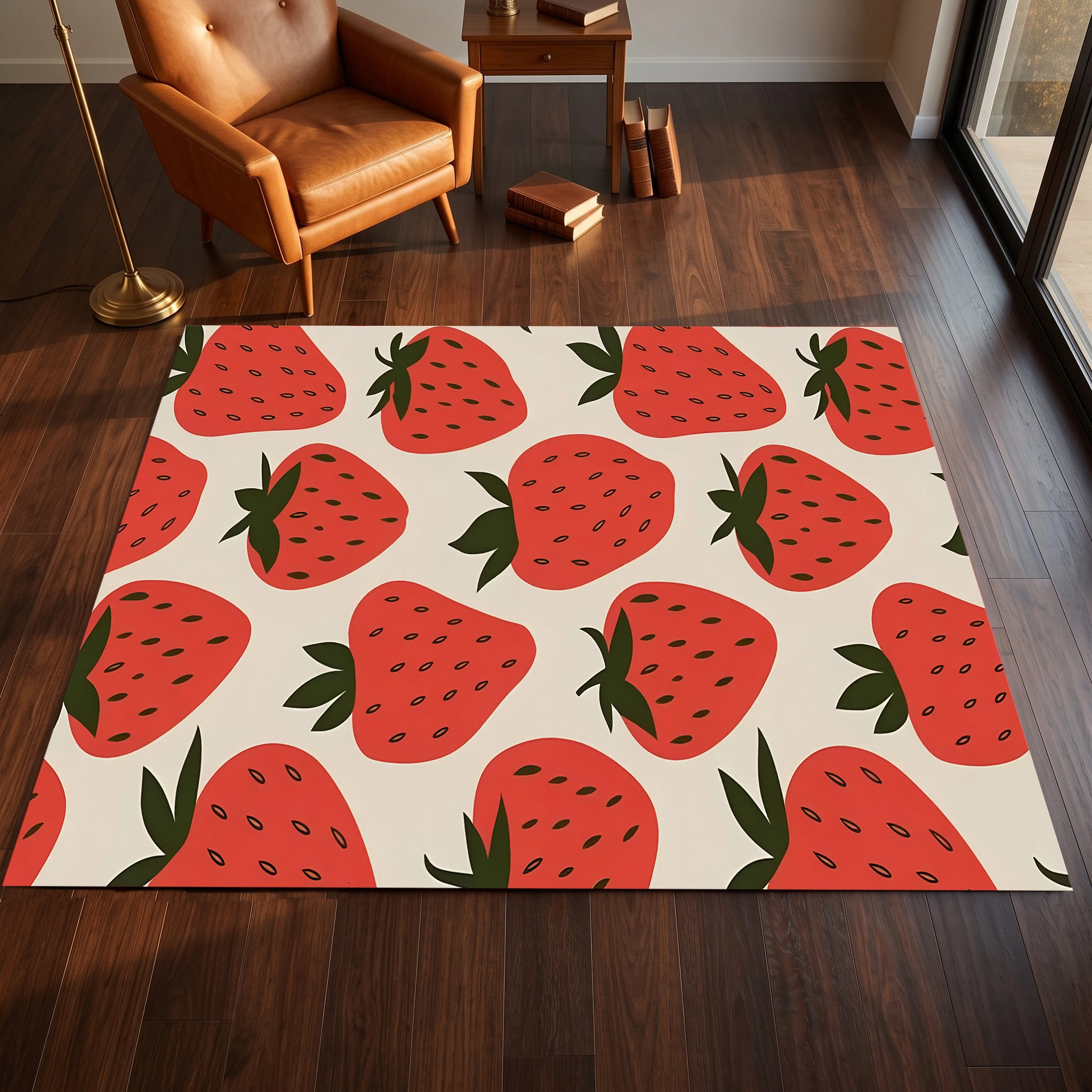 2D Carpet with Hand-Painted Strawberry Pattern All over in a Sweet and Adorable Style for Bedroom, Living Room, and Bedside