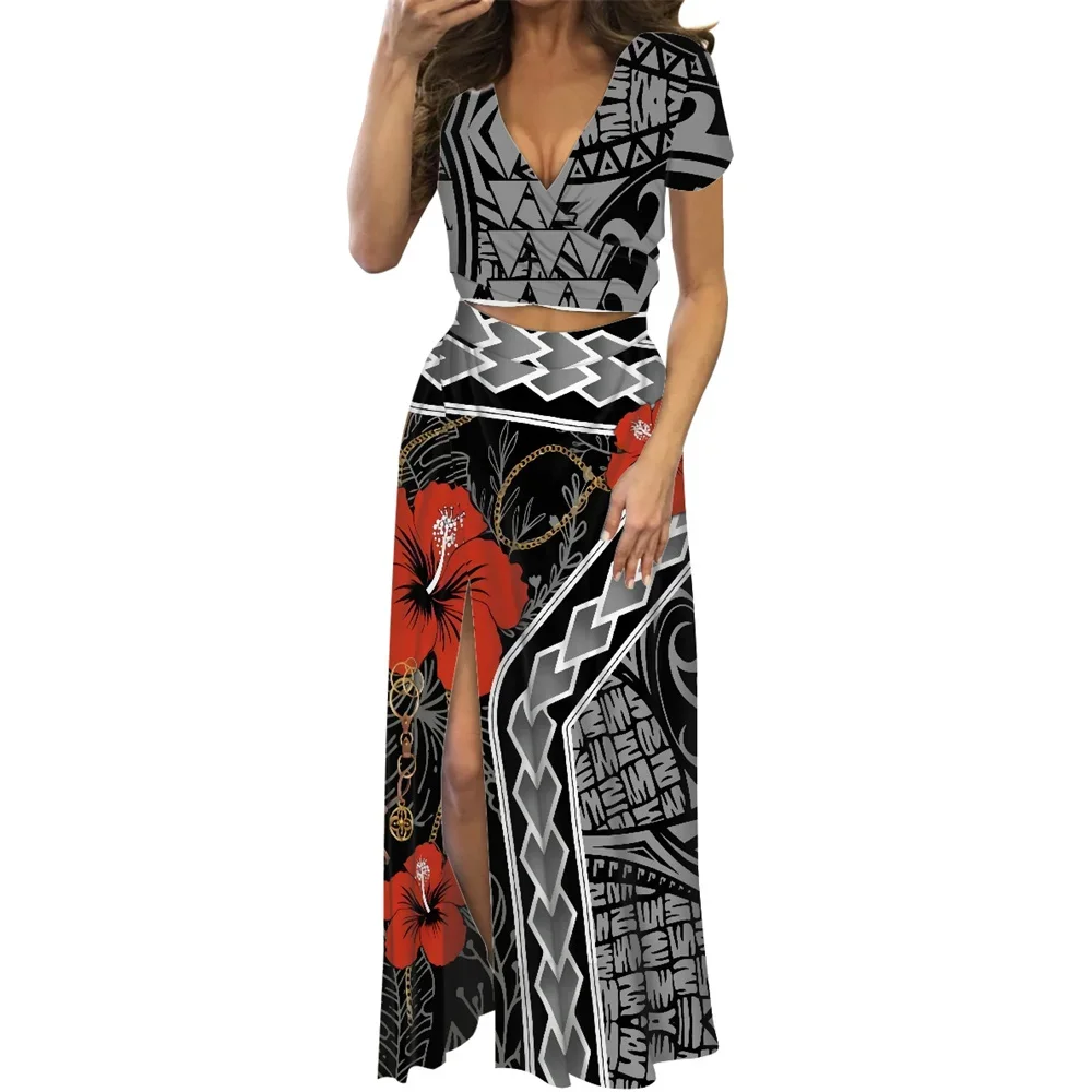 

Summer Ladies Beach Party Sexy slit Bodycon 2 Piece Dress Polynesian Hawaiian Tribal Clothing Samoan Tropical Print Puletasi