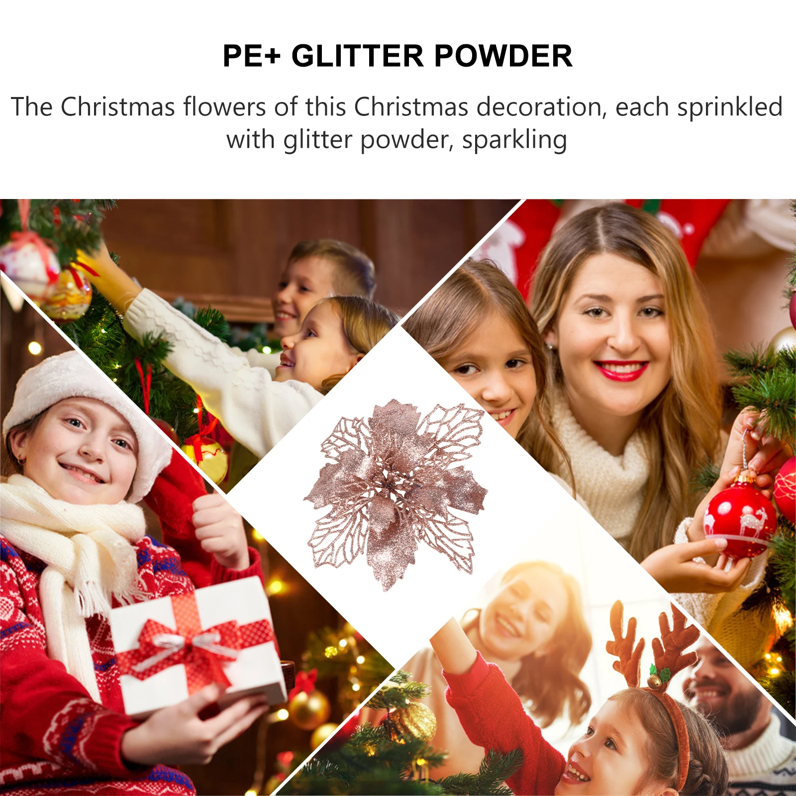 

12pcs Christmas Tree Pendant Glitter Poinsettia Flowers Hollow Fake Flower Decor Holiday Garland Fireplace Xmas Ornament