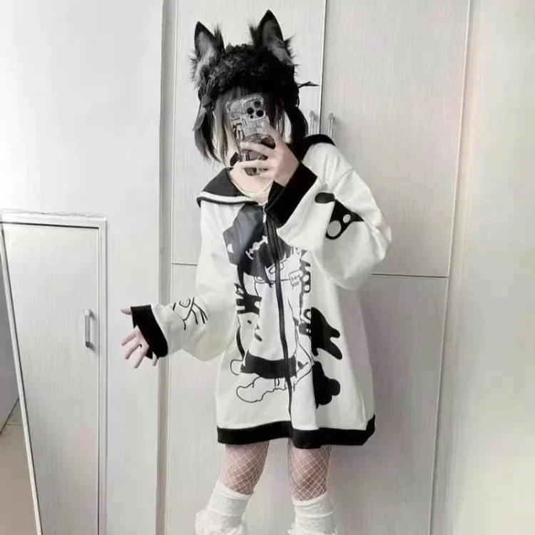 Harajuku Kawaii Sailor Collar Coat Women New  Pink Cardigan Y2k E-Girl Long Sleeve Loose Tops Mujer Sweatshirt